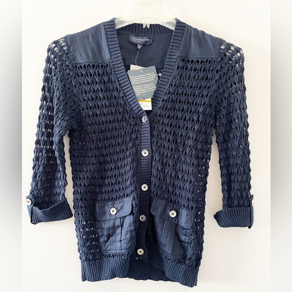 NWT Jones New York Navy Admiral Crochet Button Down Cardigan Small